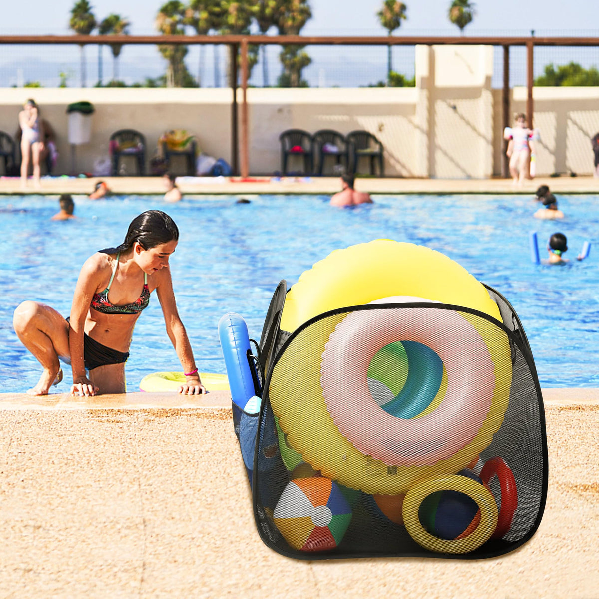 Adnee pool toy storage bin shows 30-inch cube capacity for midsize gear.