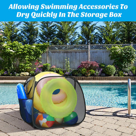 Adnee pool toy storage bin folded compactly for travel and storage.