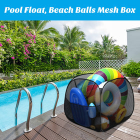 Adnee pool toy storage bin in use by poolside with towels and floats.