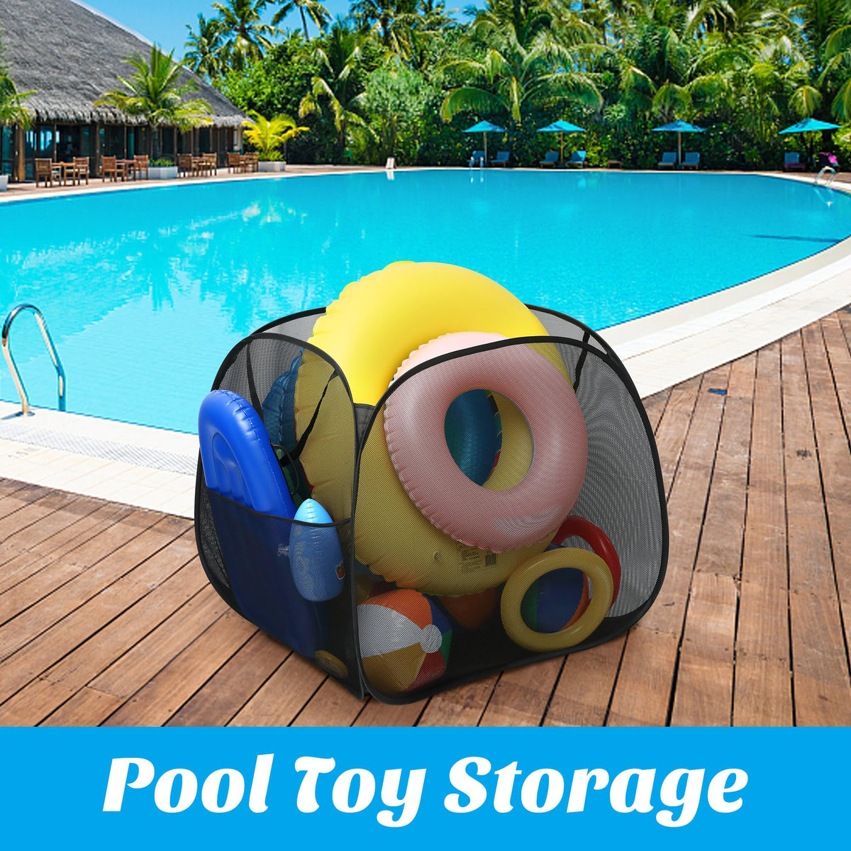 Adnee pool toy storage bin close-up of breathable mesh for fast drying.