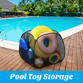 Adnee pool toy storage bin close-up of breathable mesh for fast drying.