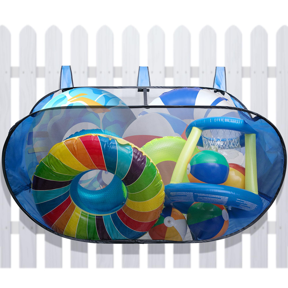 Adnee pop-up pool float storage bag hanging on a fence keeps toys organized and dry