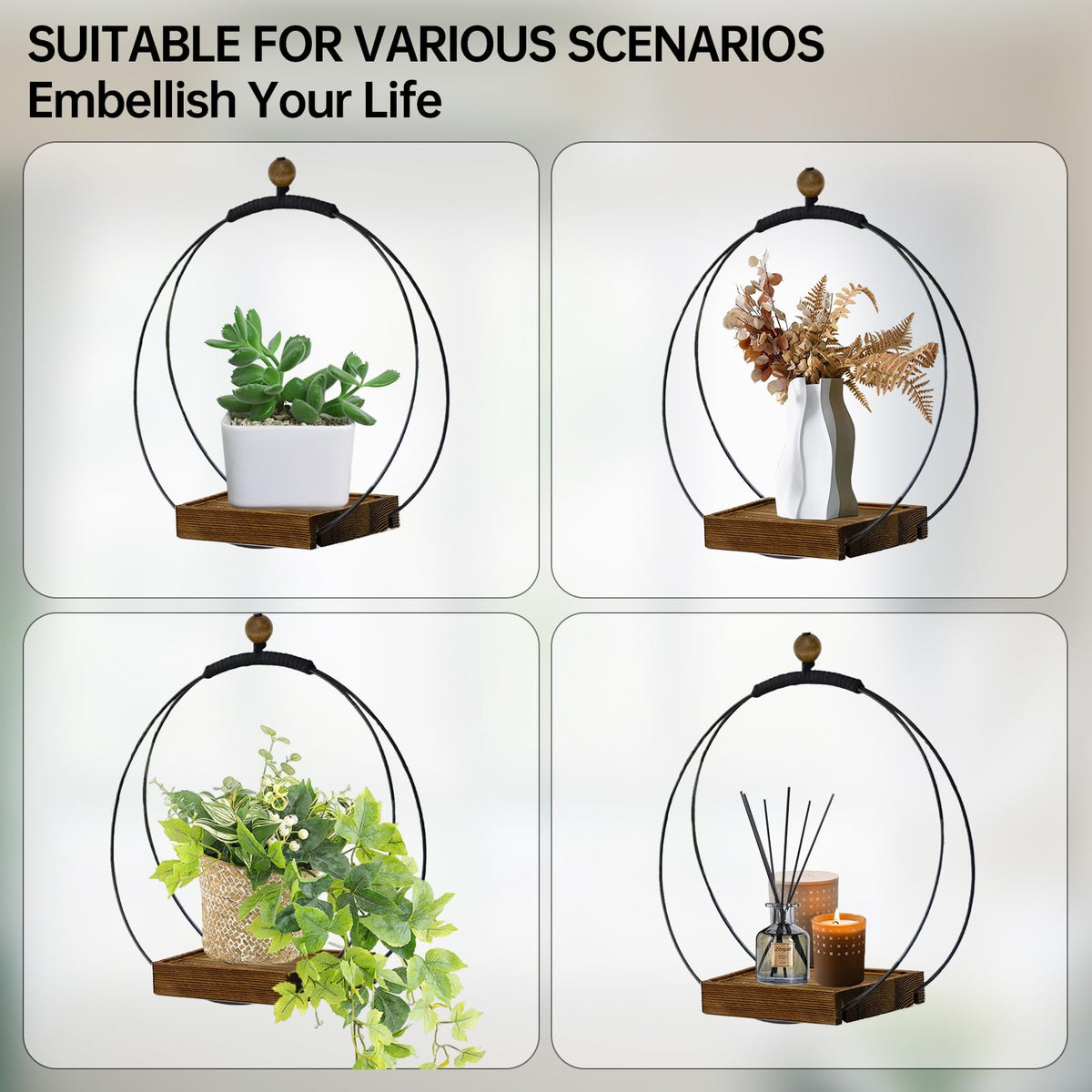 Adnkwolivt metal ring frame detail provides sturdy support for indoor plants.