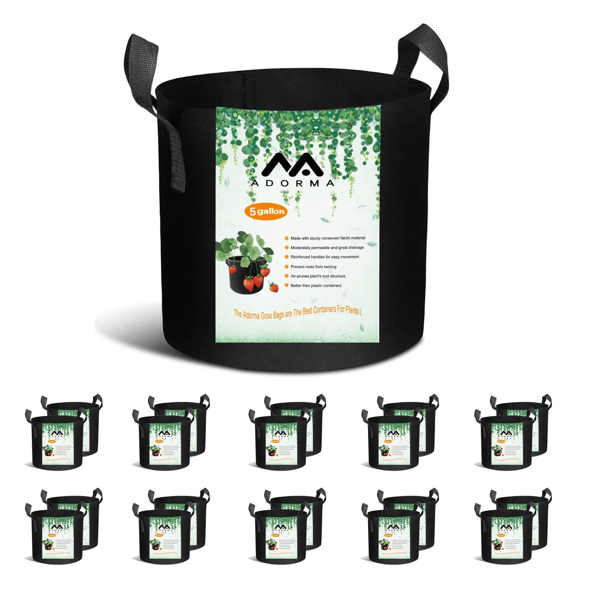 ADORMA 20-pack 5 gallon grow bags with wide top opening for easy planting.