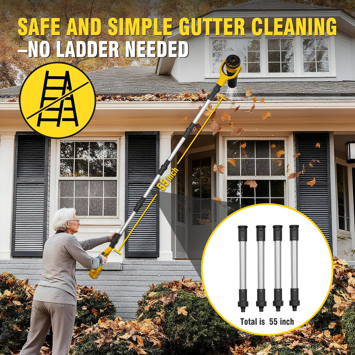 ADOTOCAM 270-degree nozzle targets corners for precise gutter clearance