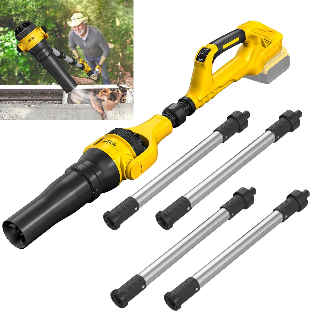ADOTOCAM gutter blower extension shows 55 inches reach for safe gutter cleaning