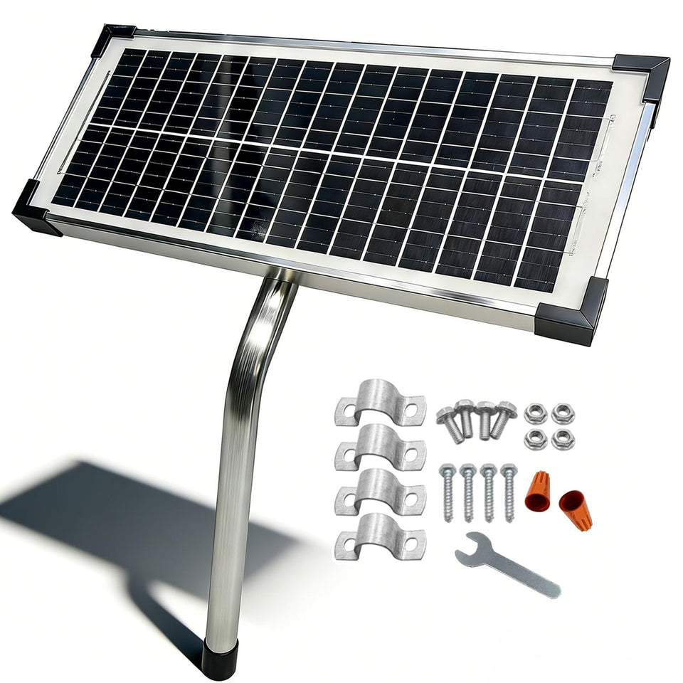 ADSunves FM123 solar panel mounted on gate for reliable charging.