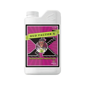 Advanced Nutrients Bud Factor X bottle close-up highlighting resin enhancement and bloom support.