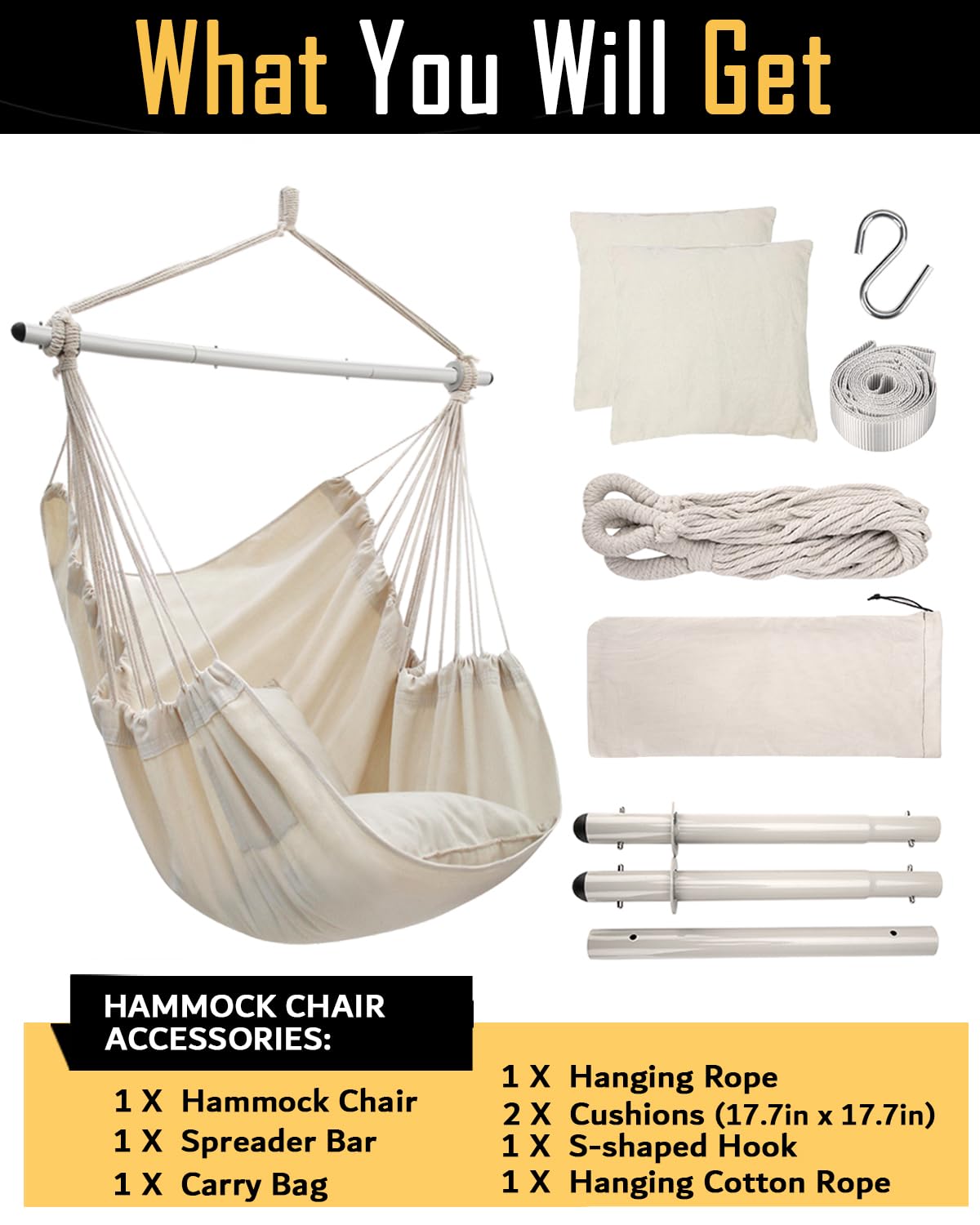 ADVOKAIR Hammock Chair complete kit with cushions, bar, and straps