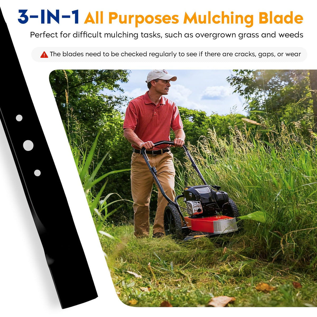 Aeagle mulching blade edge with safety-coated finish and resharpening potential