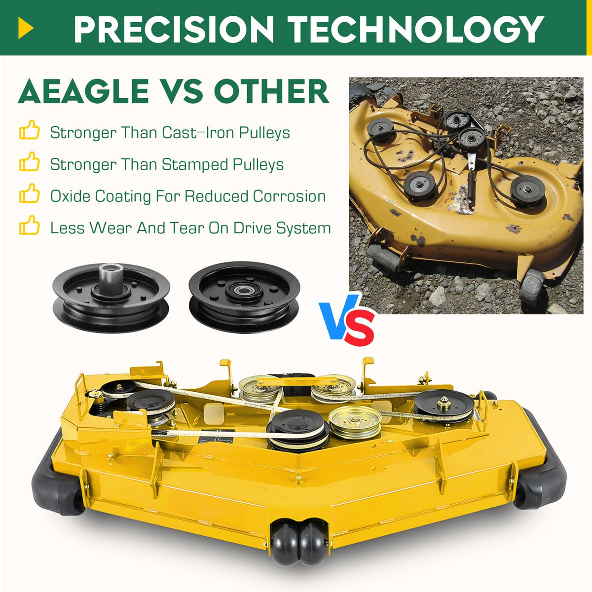 Aeagle flat idler pulley in Hustler Raptor 42-52 deck assembly.