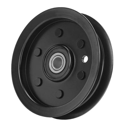 Aeagle flat idler pulley front angled view highlights compact steel design for Hustler compatibility.