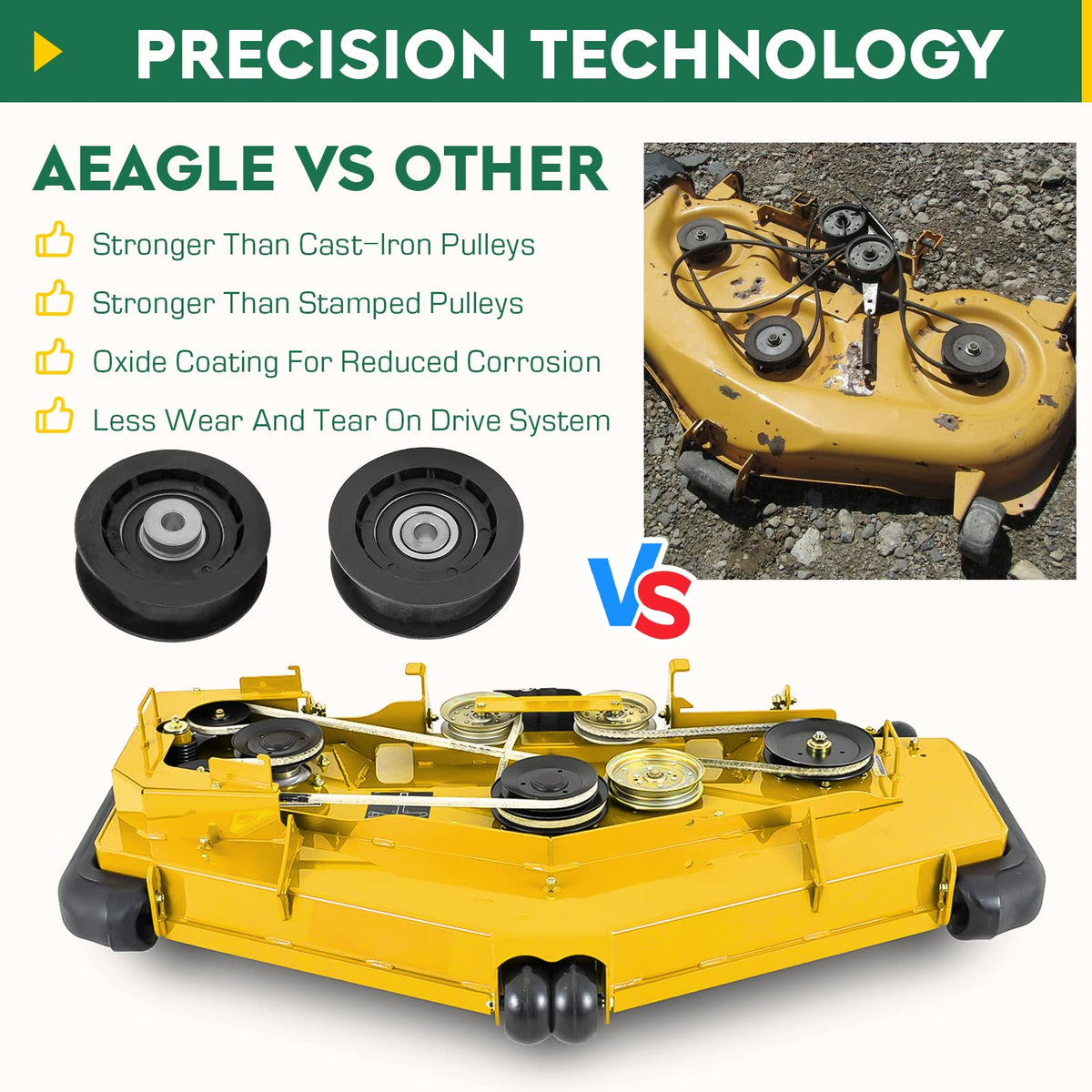 Aeagle idler pulley with deck dimensions outer 2.713 in inner 0.329 in for precise fit.