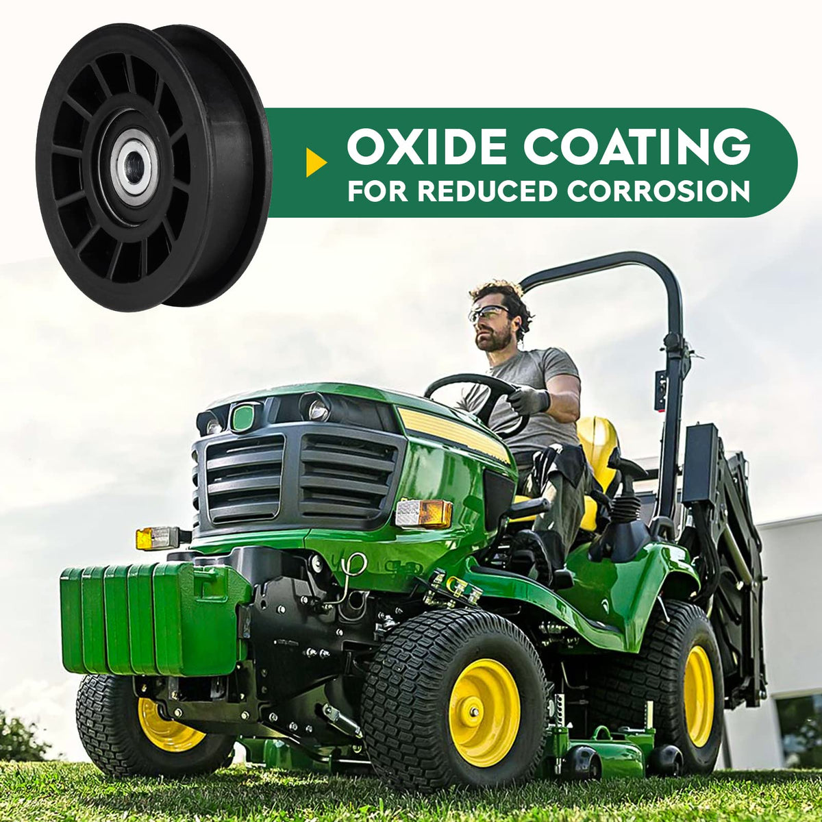 Aeagle idler pulley installed on a mower for reliable drive