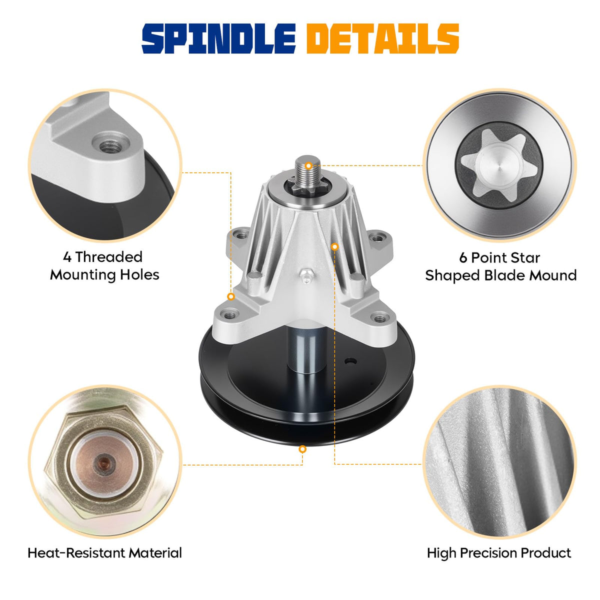 Aeagle spindle includes threaded bolts and blade mount, simplifying installation.