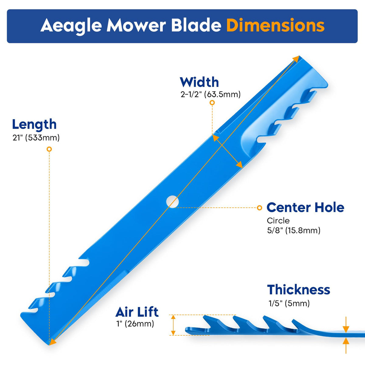 Aeagle Toothed Mower Blade shows 21-inch length for wide cutting swaths.