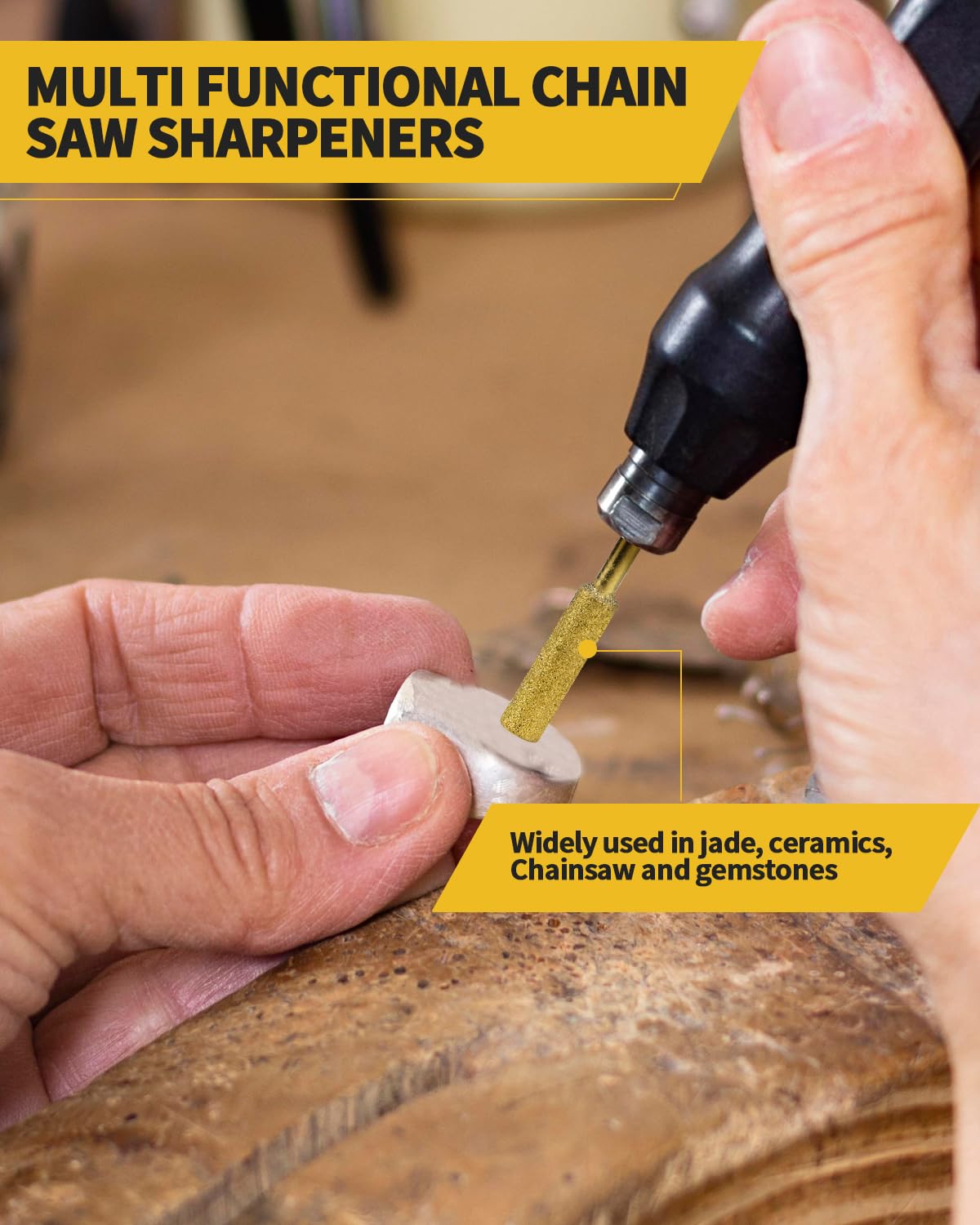 Aecsze chainsaw sharpener bits assembly on a workbench.