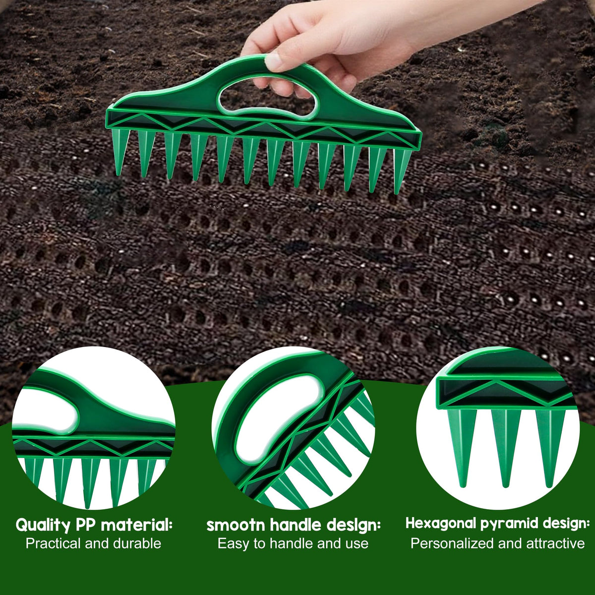 Aeloer 12-hole dibber used to create even planting spacing.