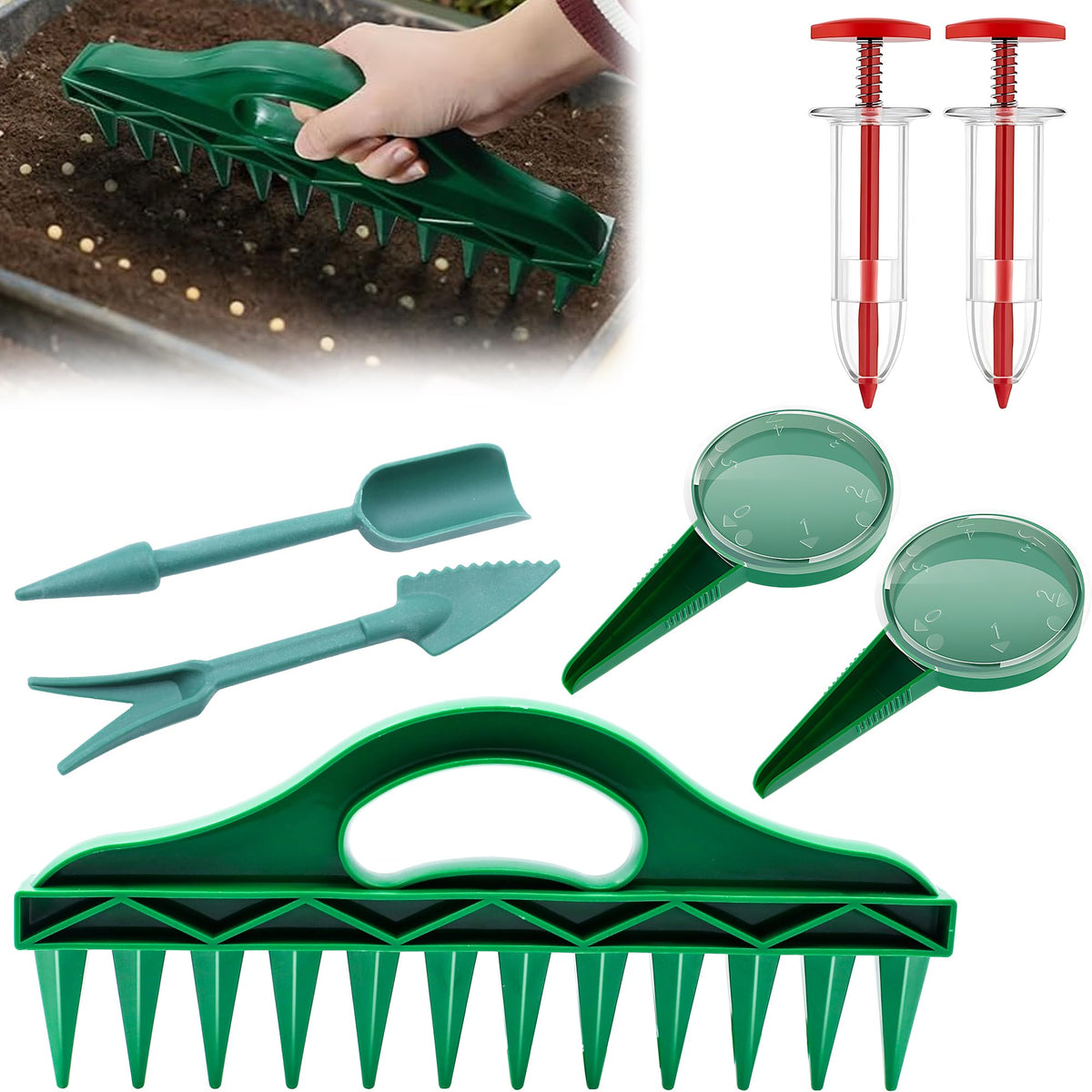 Aeloer seed spreader set in compact handheld form for precise sowing.