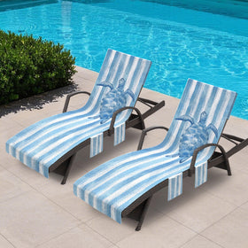 AELS Lounge Chair Towel Cover Sea Turtle Blue Stripe protects outdoor chairs with coastal style.