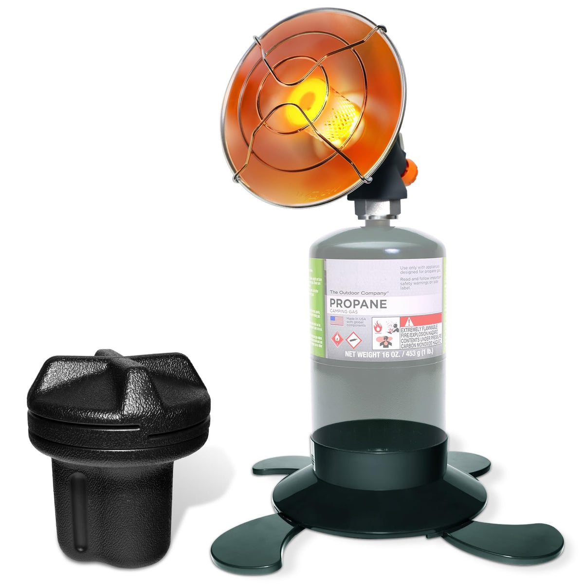 AeriePrecium portable propane heater with piezo ignition for quick startup.