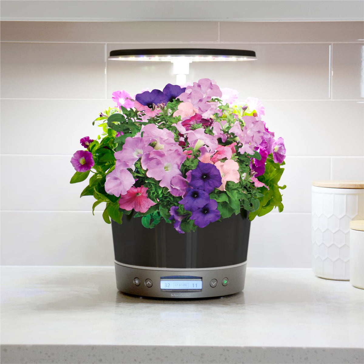 AeroGarden Harvest Elite 360 compact kitchen setup fits countertops and desks nicely.