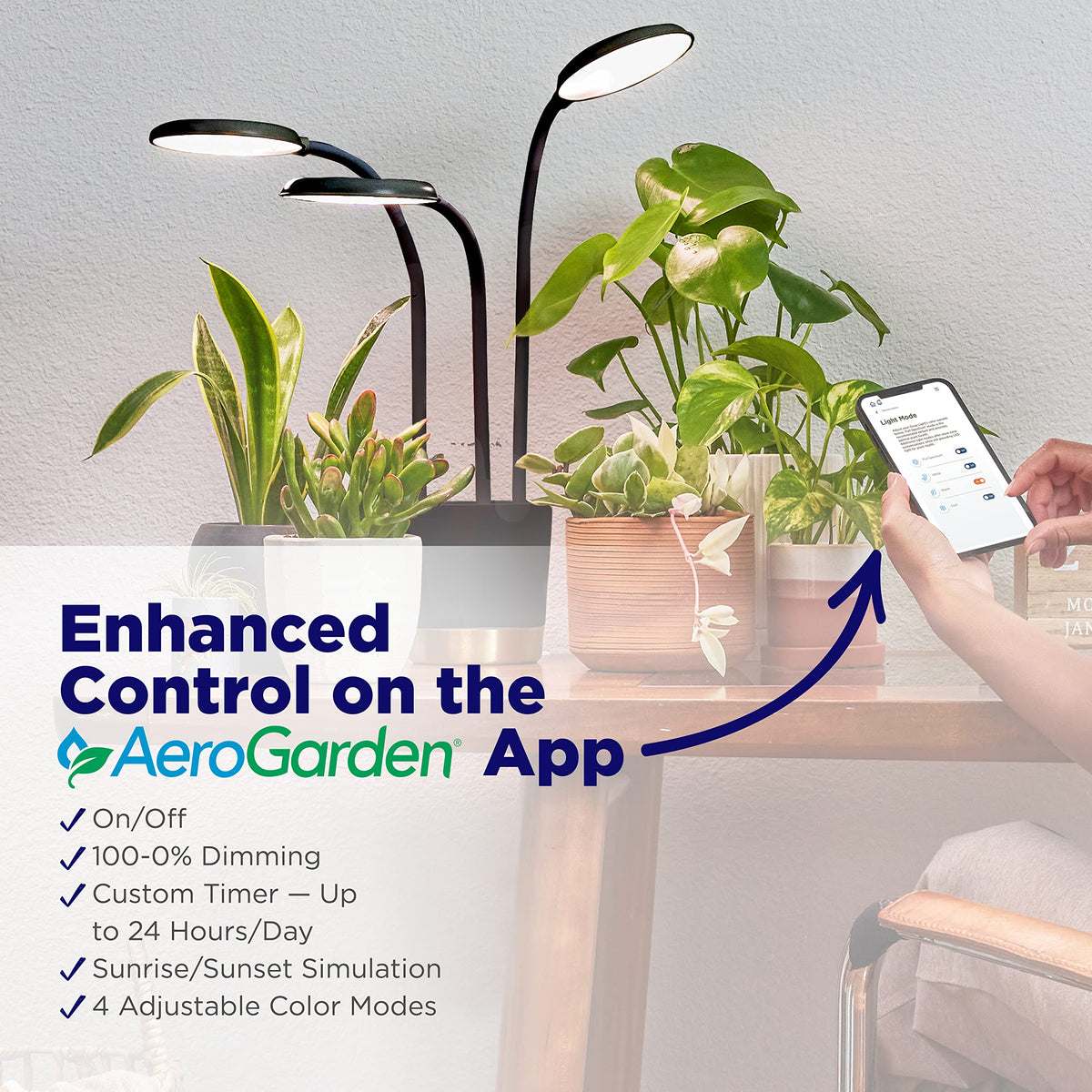 AeroGarden Trio Grow Light provides four light modes for different plant needs
