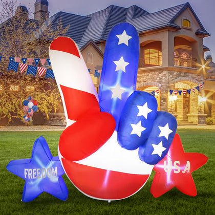 AerWo 6ft patriotic inflatable with victory gesture and LED lights for outdoor celebrations.
