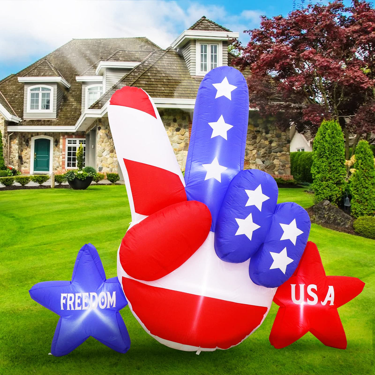AerWo independence day inflatable with stars lights up yards at night.