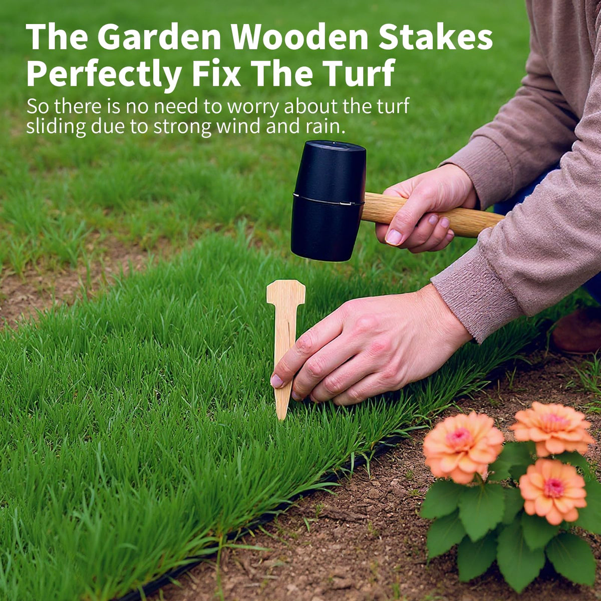 Aerzip garden pins reinforce fabric and turf for neat garden edges.