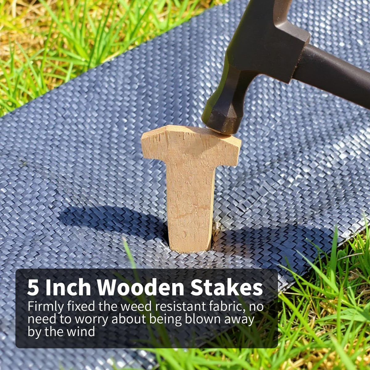 Aerzip wooden sod staple provides safe, sturdy support for weed fabric.