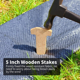 Aerzip wooden sod staple provides safe, sturdy support for weed fabric.