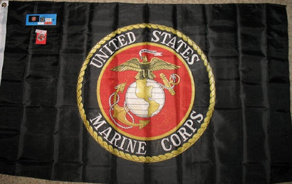 AES Black Marine Corps emblem flag banner; durable nylon for outdoor or indoor display.