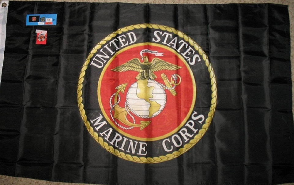 AES Black Marine Corps emblem flag banner; durable nylon for outdoor or indoor display.