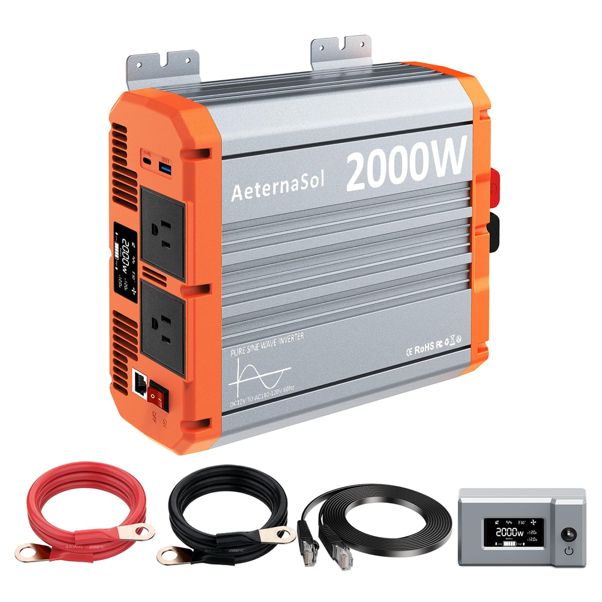 AeternaSol 2000W inverter with remote display shows real-time power status.