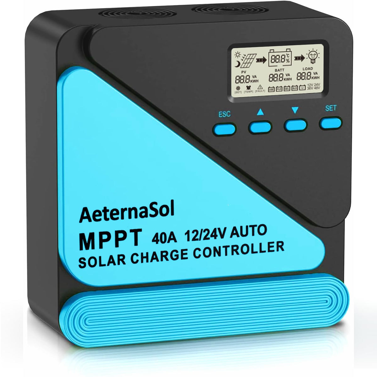 AeternaSol 40A MPPT controller front view with rugged metal housing for off-grid use.