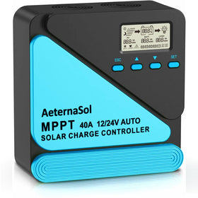 AeternaSol 40A MPPT controller front view with rugged metal housing for off-grid use.