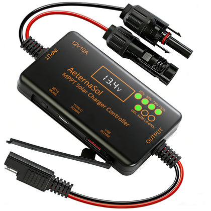 AeternaSol MPPT controller front view powering a compact 12V off-grid system