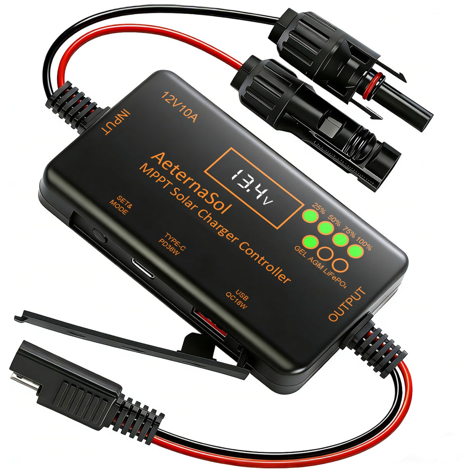 AeternaSol MPPT controller front view powering a compact 12V off-grid system