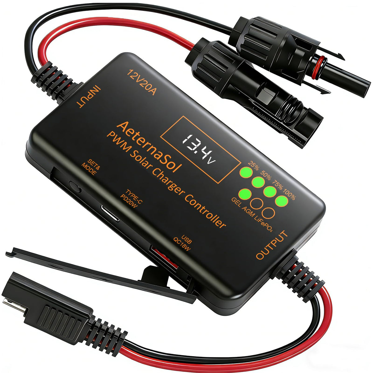 AeternaSol PWM Controller 12V20A LCD display shows battery status and charging mode