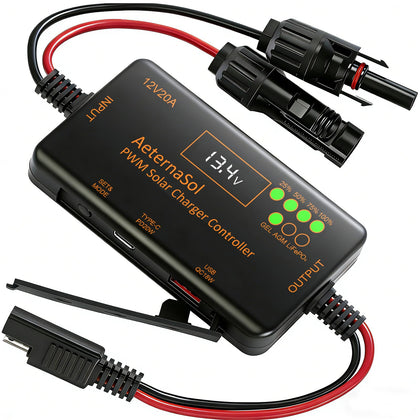 AeternaSol PWM Controller 12V20A LCD display shows battery status and charging mode