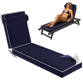 Aevum azn chaise lounge cushions on navy chair showing a precise outdoor fit