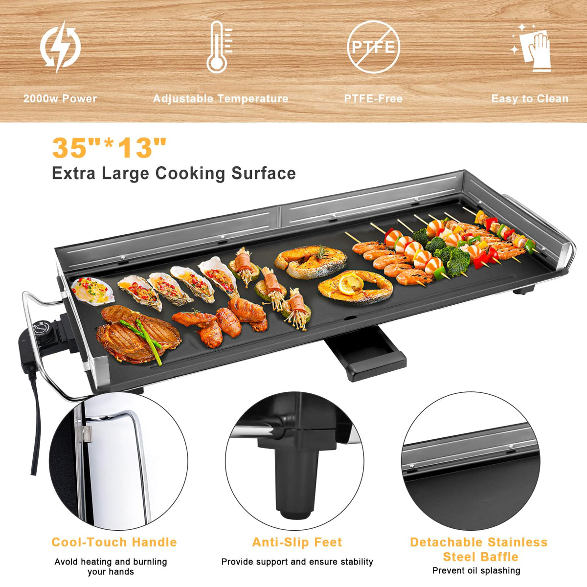 AEWHALE detachable stainless steel baffle reduces grease splatters during cooking.