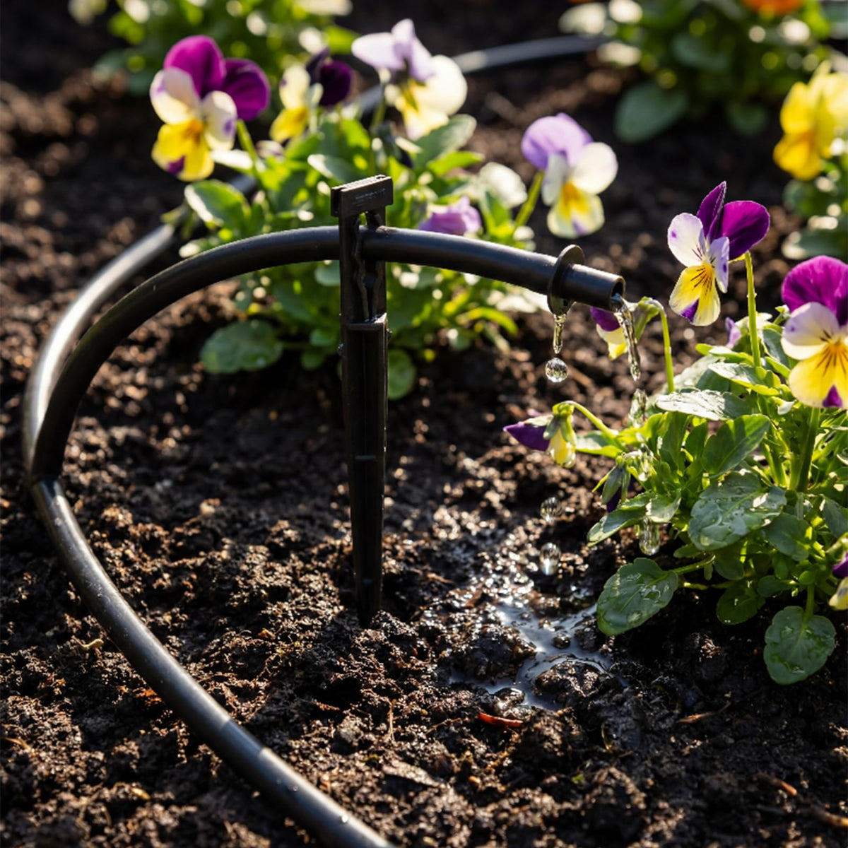 Afarnook locking cap stake keeps tubing secure in garden.