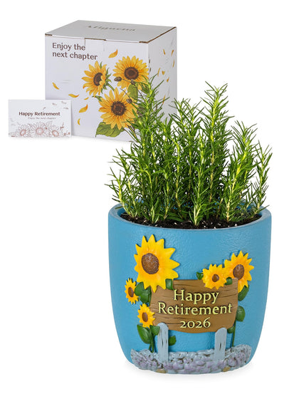 Afigurna retirement garden pot with sunflower design enhances shelf decor