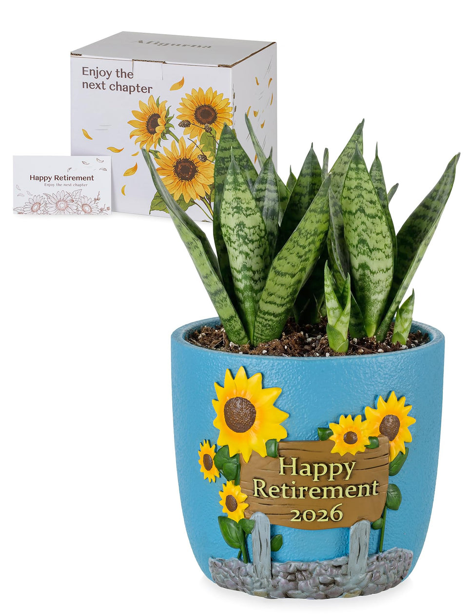 Afigurna retirement planter with Happy Retirement 2026 and sunflowers for festive decor.