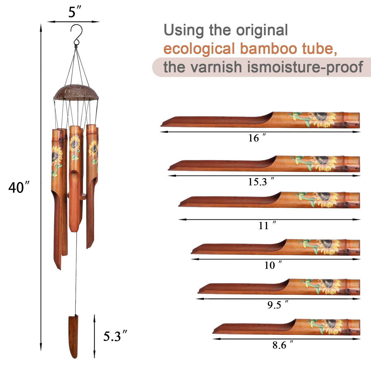 Flowers printed on bamboo tubes of Afirst wind chimes