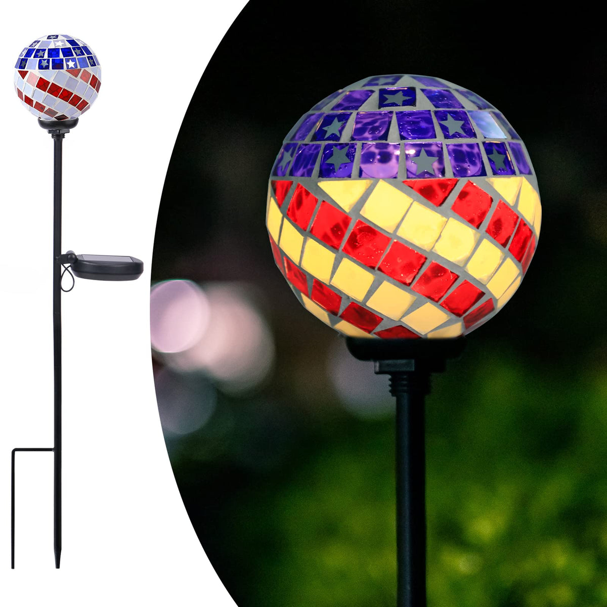 Afirst solar gazing ball mosaic light reflecting colors along the pathway