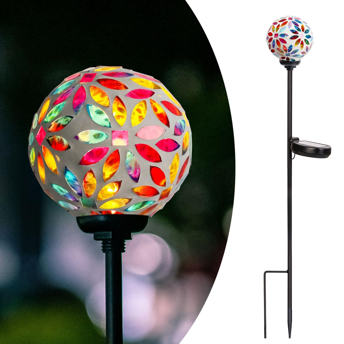 Afirst solar mosaic ball light on stake casting colorful glow along a garden path.