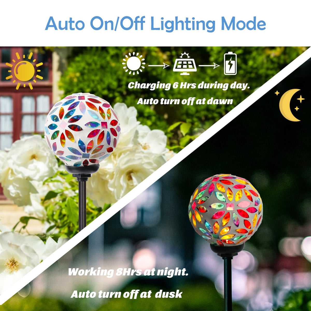 Afirst mosaic ball light reflections crackle glass, producing shimmering patterns across your yard.